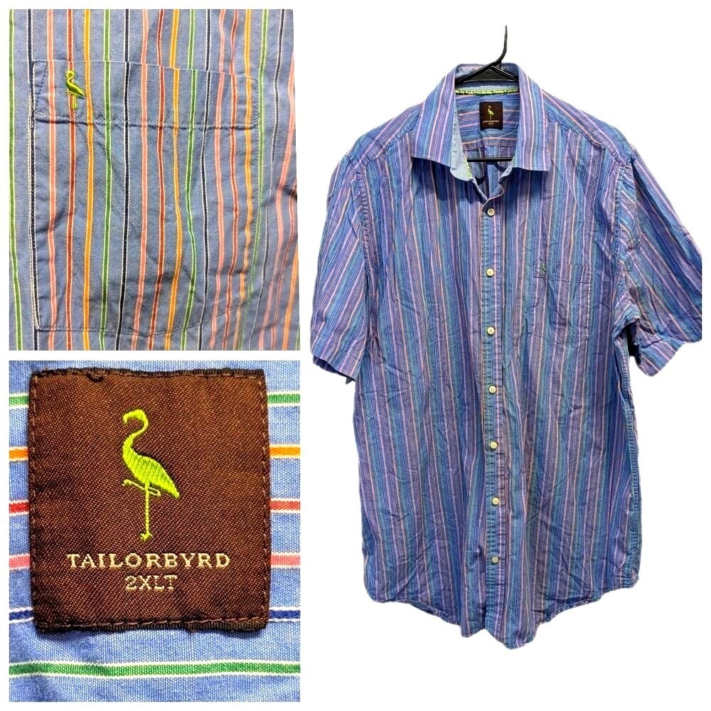Resort Coastal TailorByrd Striped Button Up Shirt Men's 2XLT Blue Short Sleeve